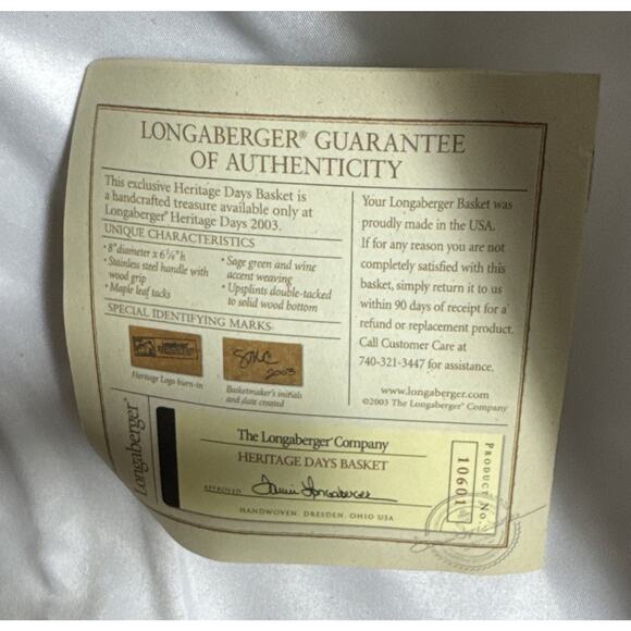 Longaberger 2003 Heritage Days Pail Basket, Liner, Protector USA Handmade EUC - Picture 5 of 12
